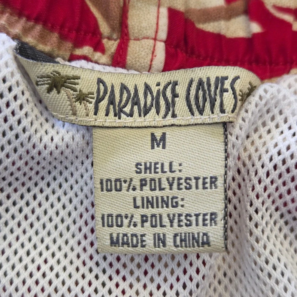 Paradise Coves Mens Red Tropical Palm Leaf Print Swim Trunks Mesh Lined Size M